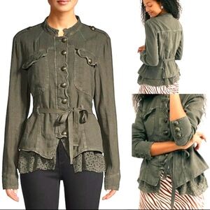 Free People Line Blend Military Style Lace Trim Tie Green Jacket Long Sleeves